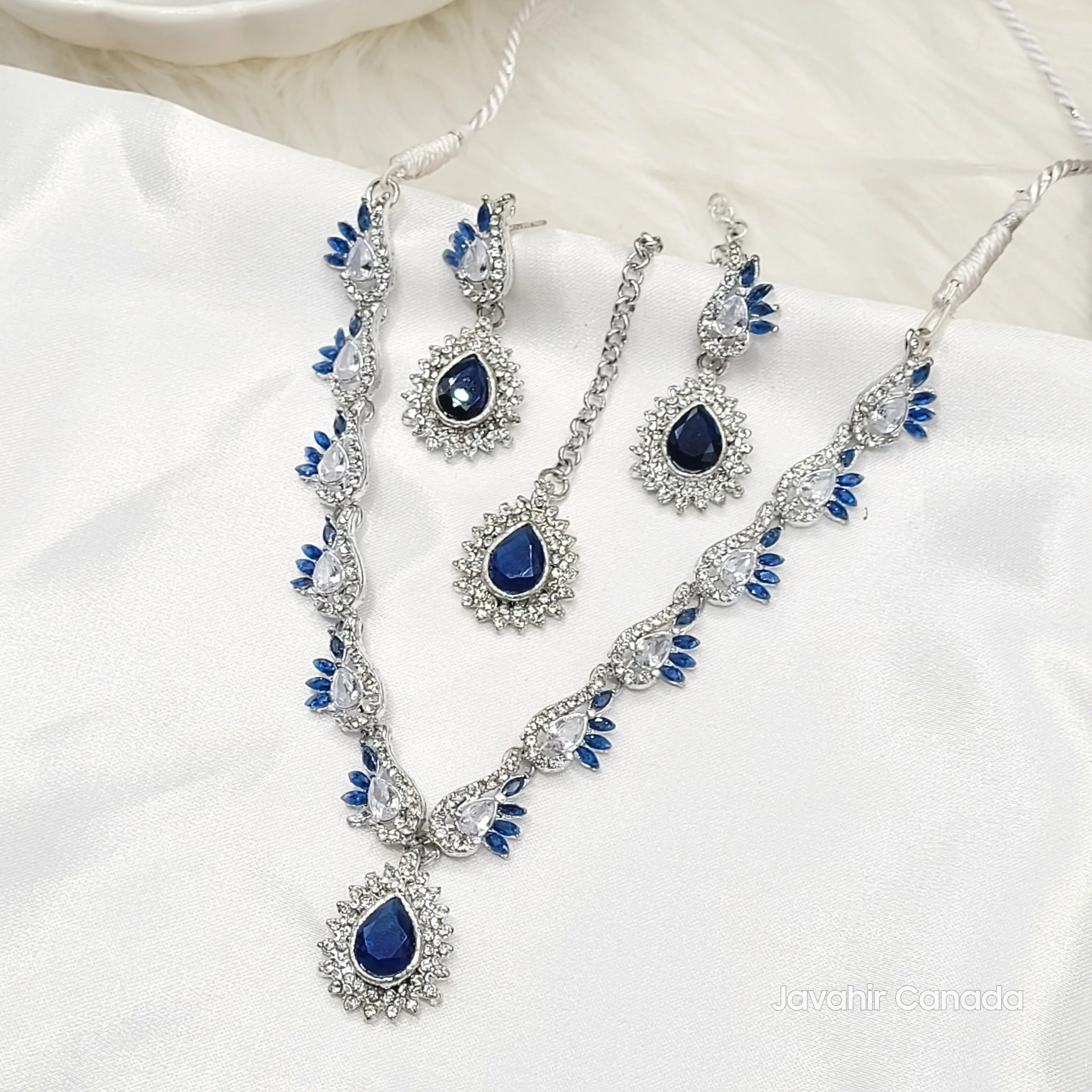 Full JV142 royal blue necklace set featuring teardrop stones and zircon detailing