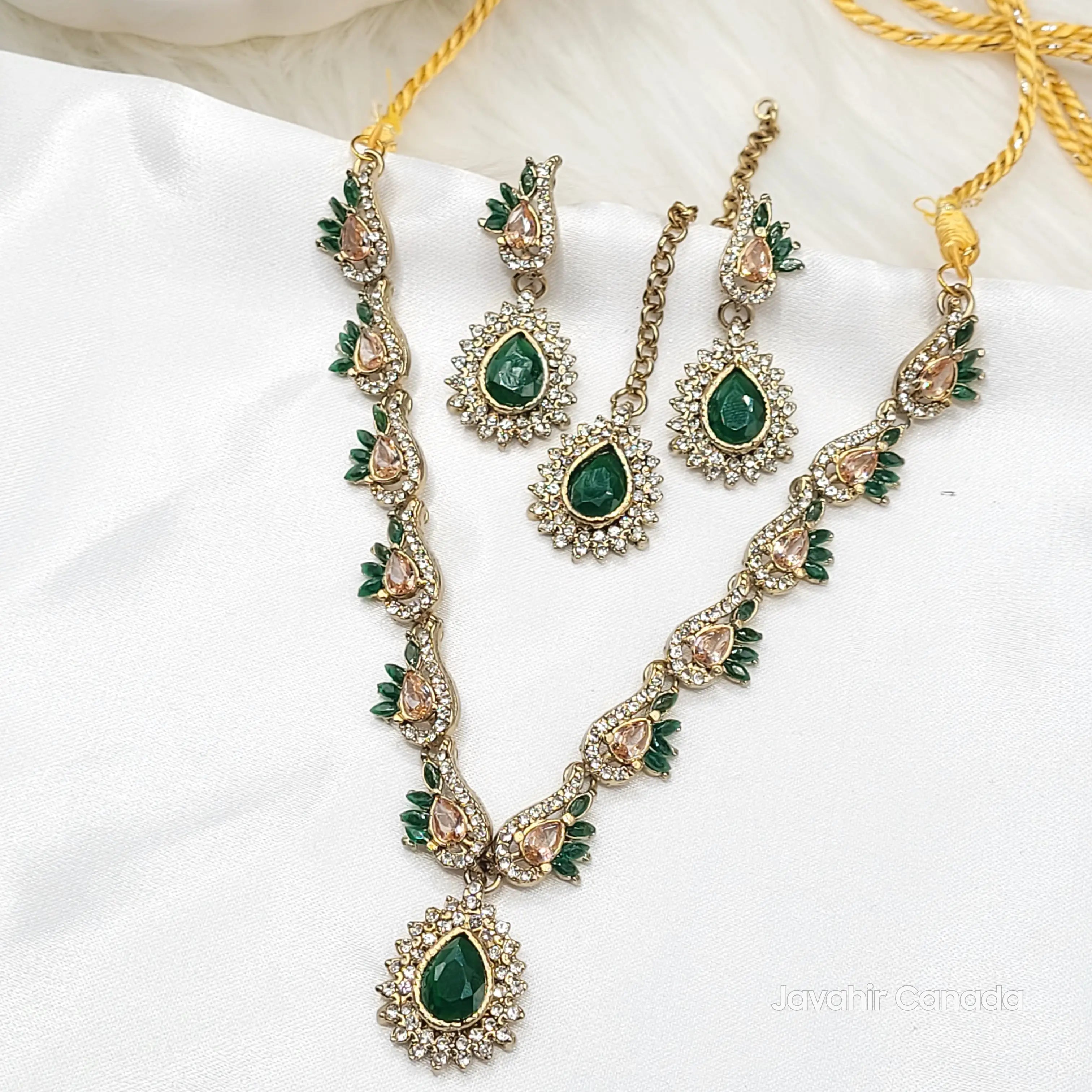 JV142 emerald green necklace set with gold finish and champagne accents