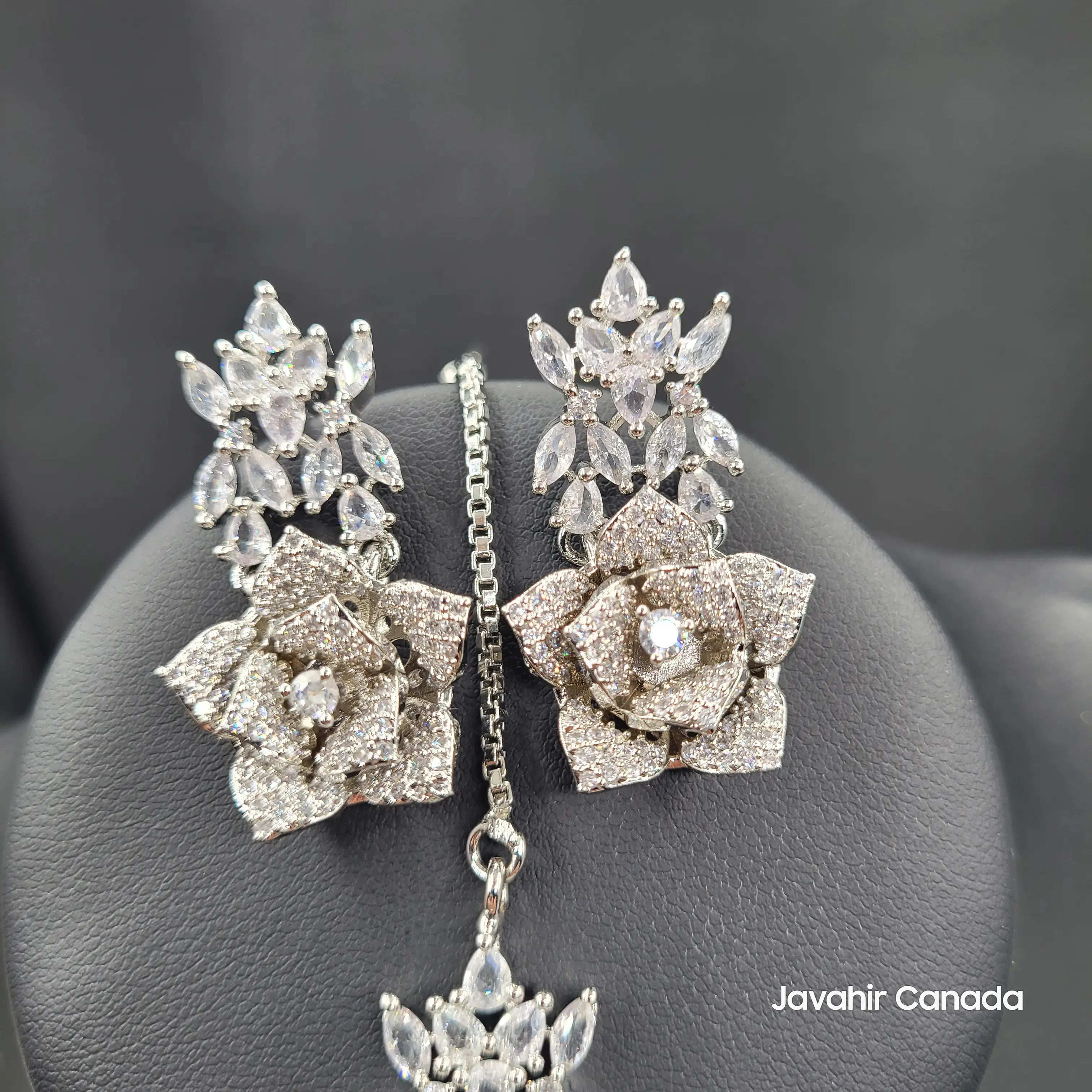 Close-up of earrings from JV144 set, showcasing floral design with sparkling CZ stones.