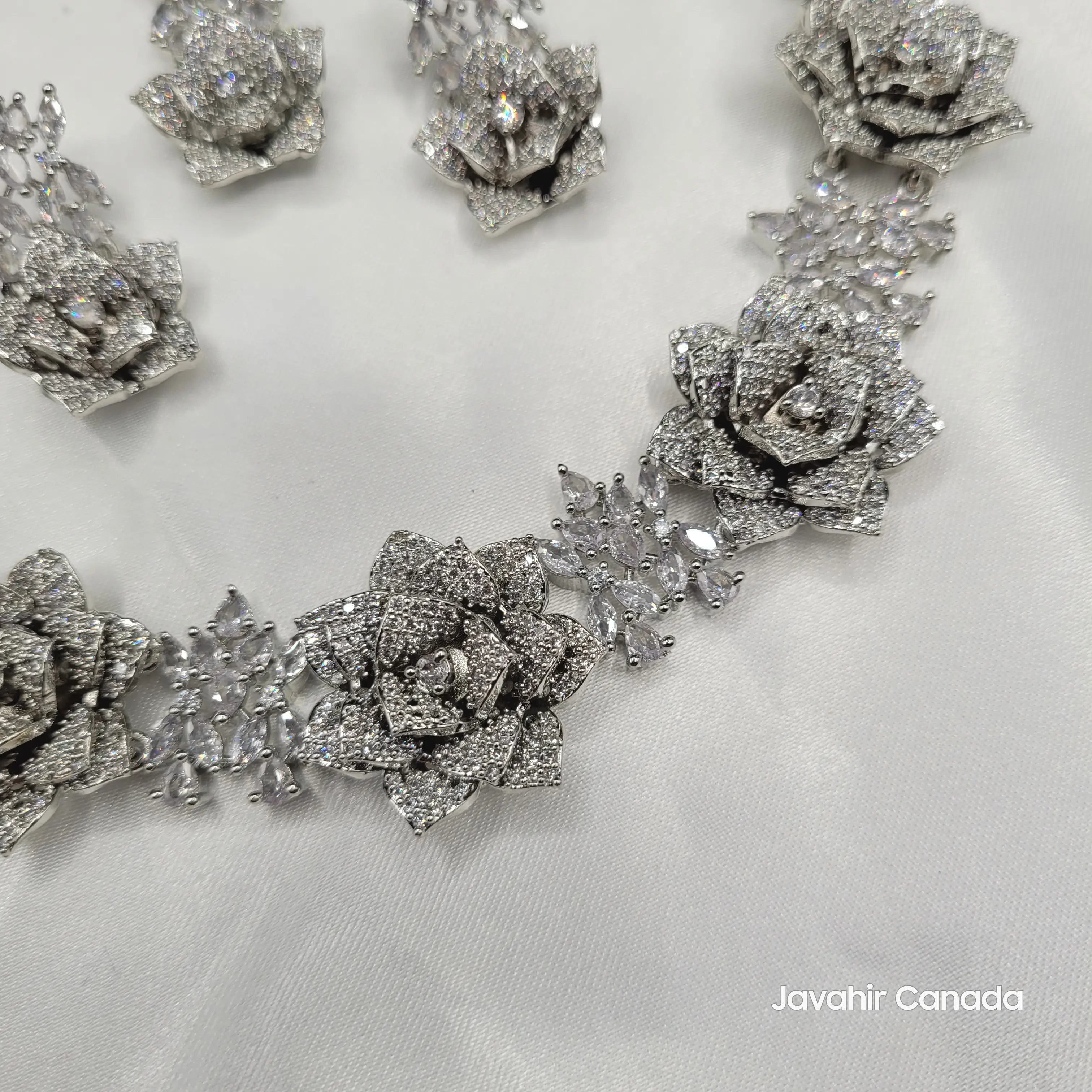 Close-up of necklace portion of JV144, featuring multiple rose and marquise-cut American diamond elements.