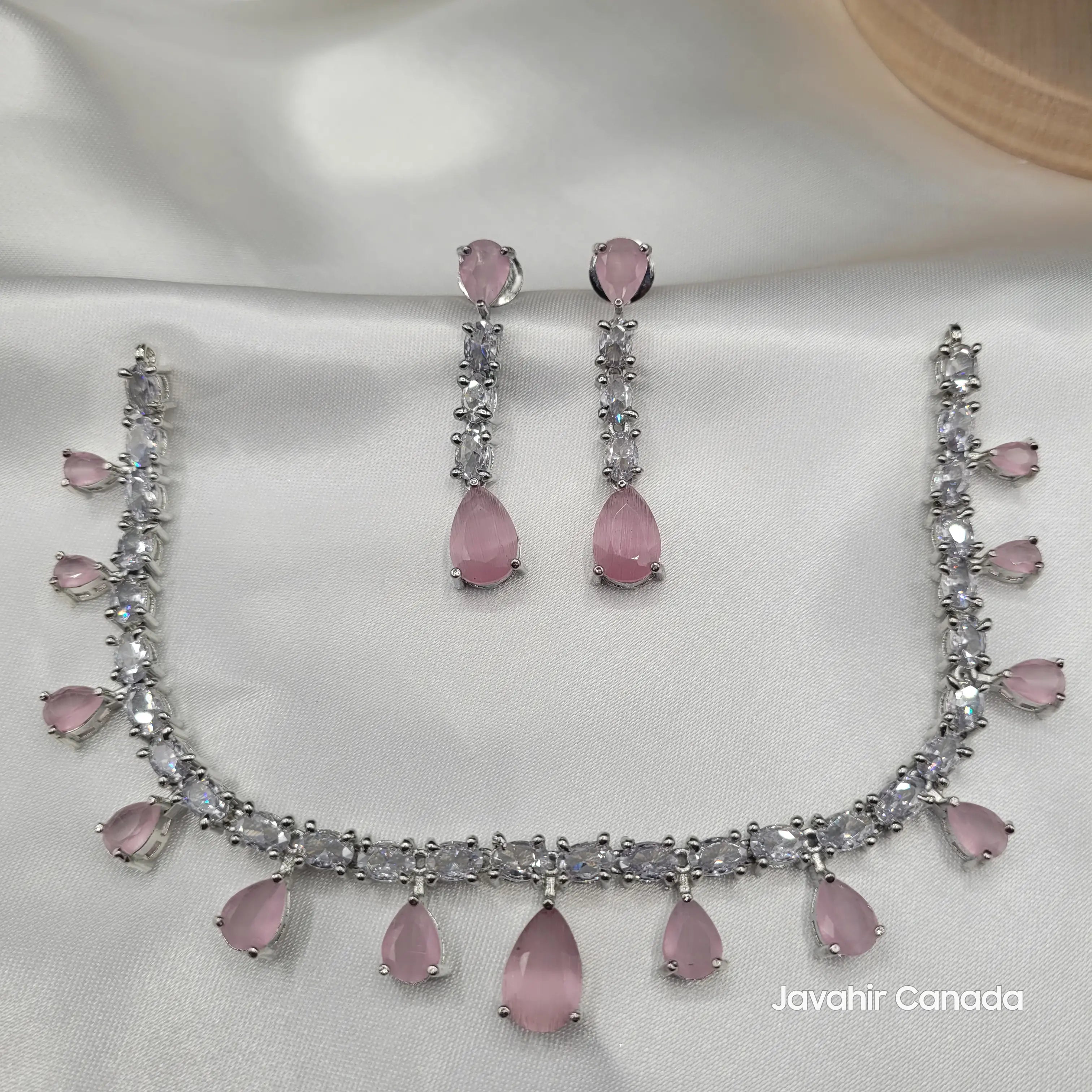 JV145 full necklace set with rose pink gemstone teardrops and matching earrings.