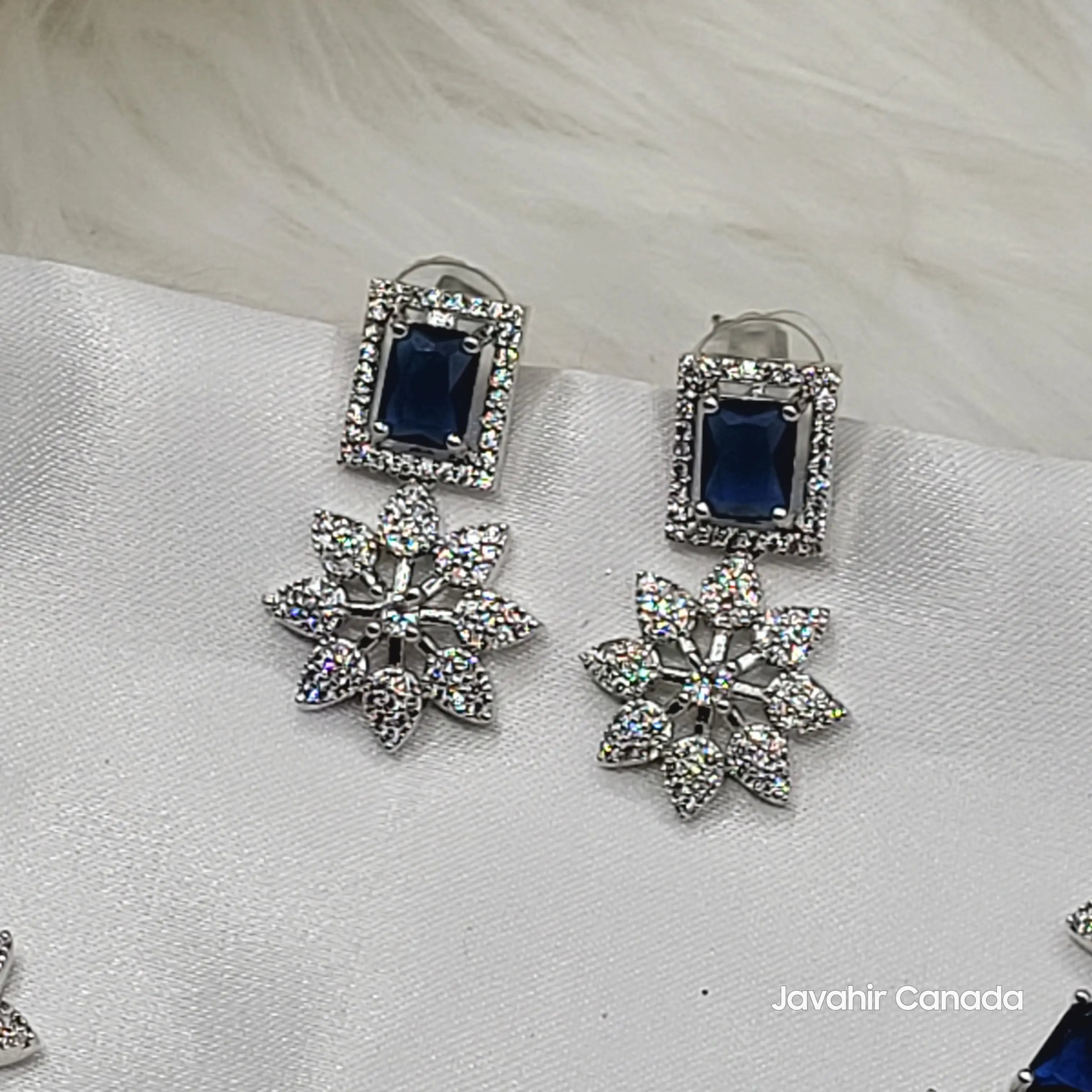 Close-up of sapphire blue earrings from JV146 set featuring American diamond floral drops.