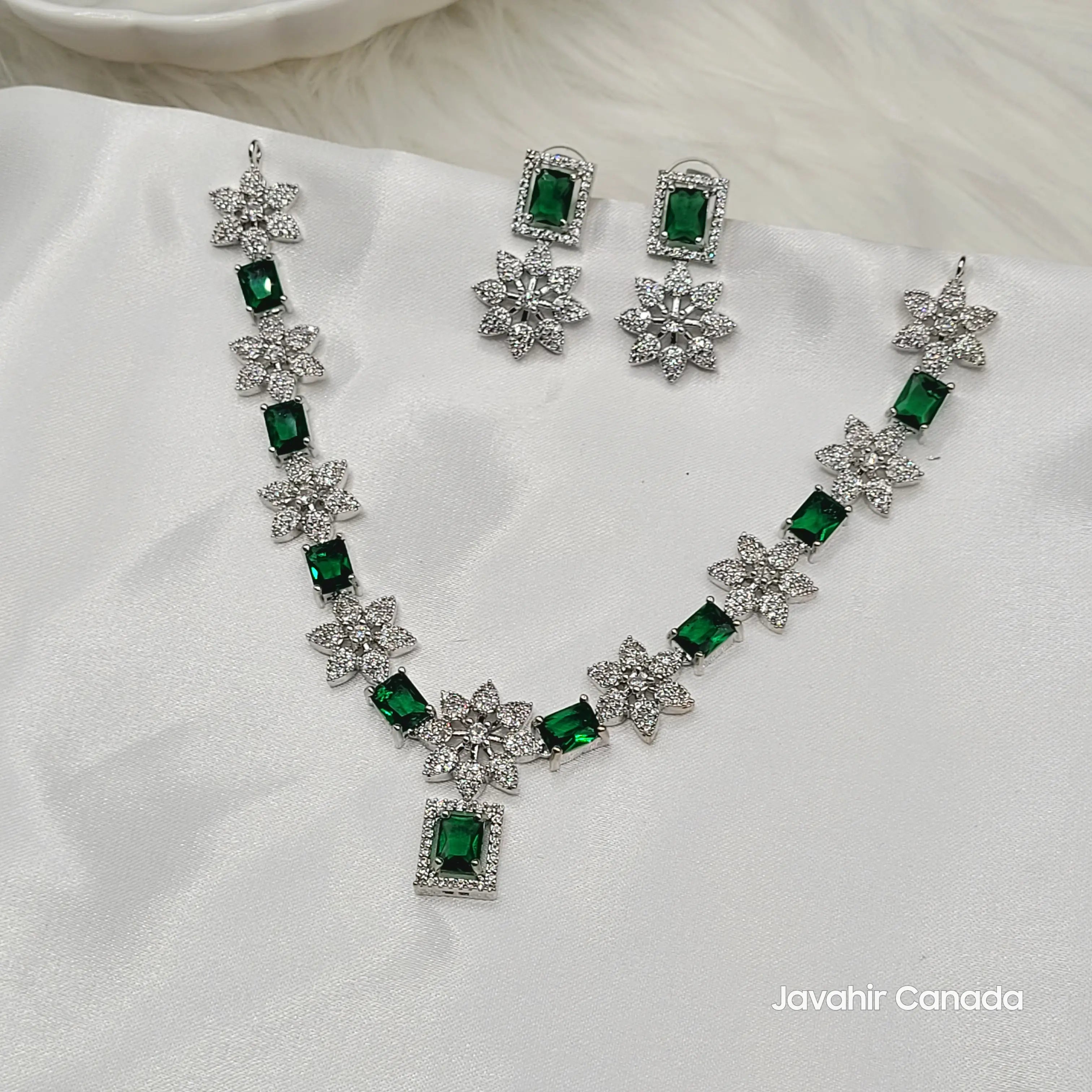 JV146 full set in emerald green CZ on silver base – elegant bridal and party wear necklace.