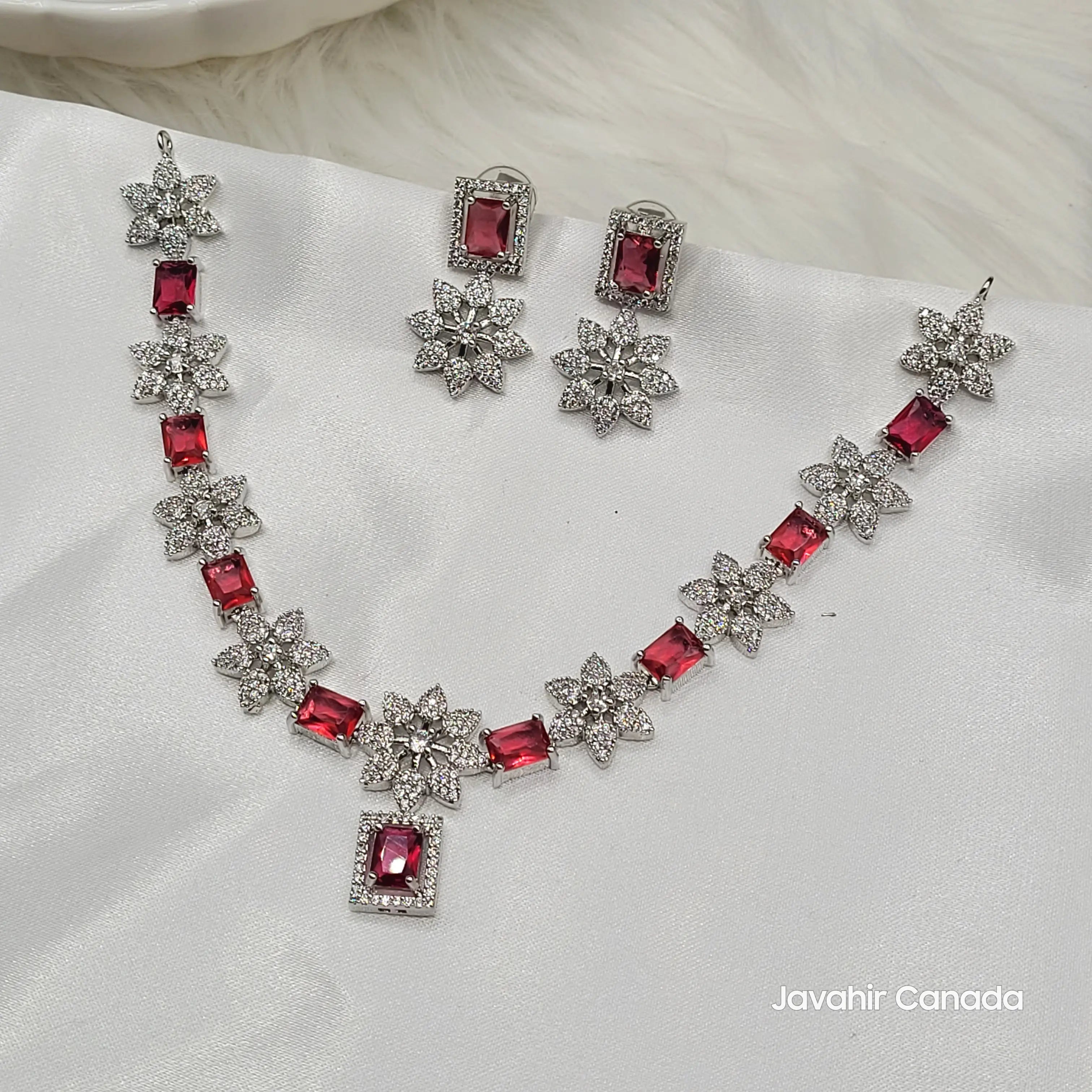JV146 silver necklace set with ruby red CZ and detailed flower motifs.