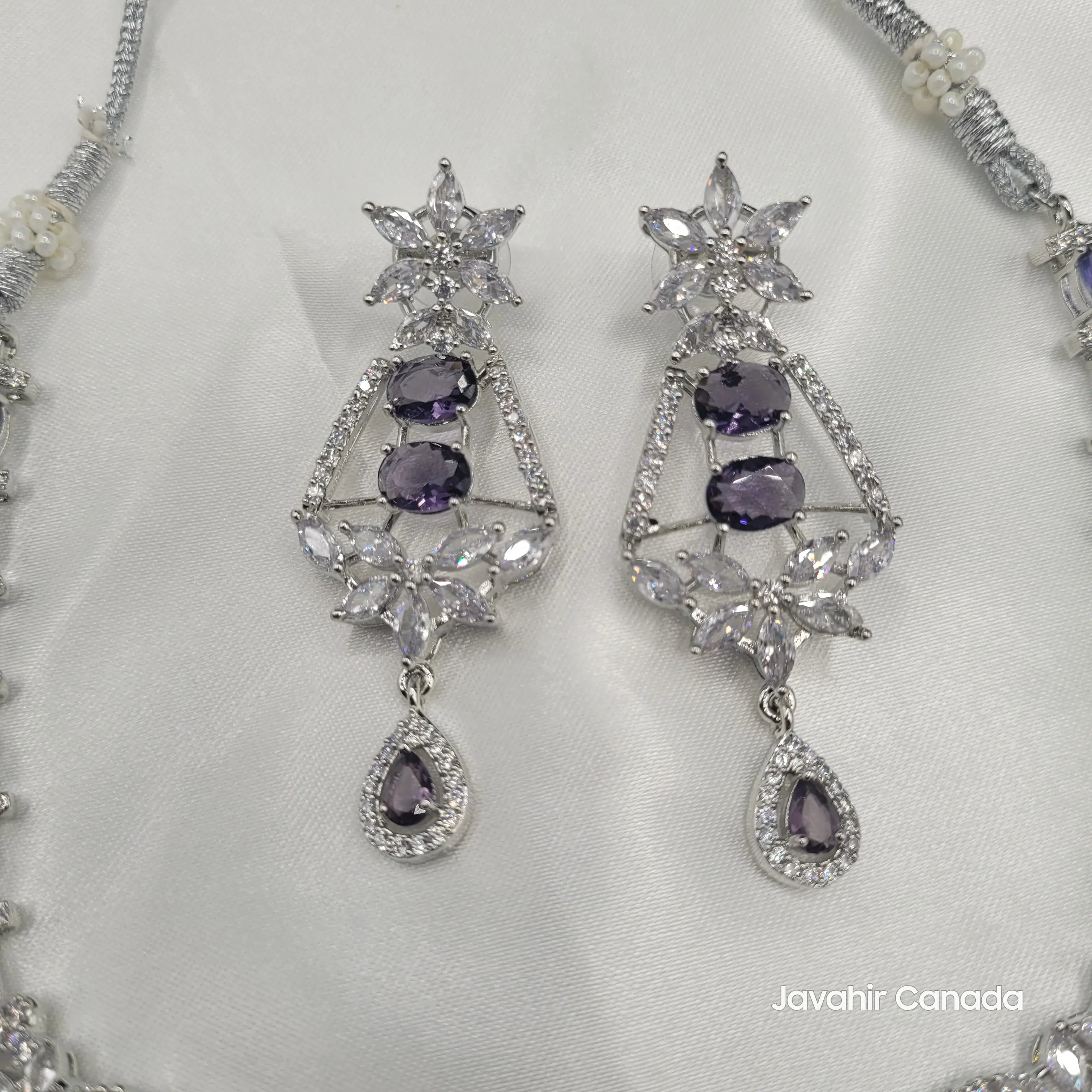 JV150 silver variant with purple CZ stones and matching teardrop earrings.