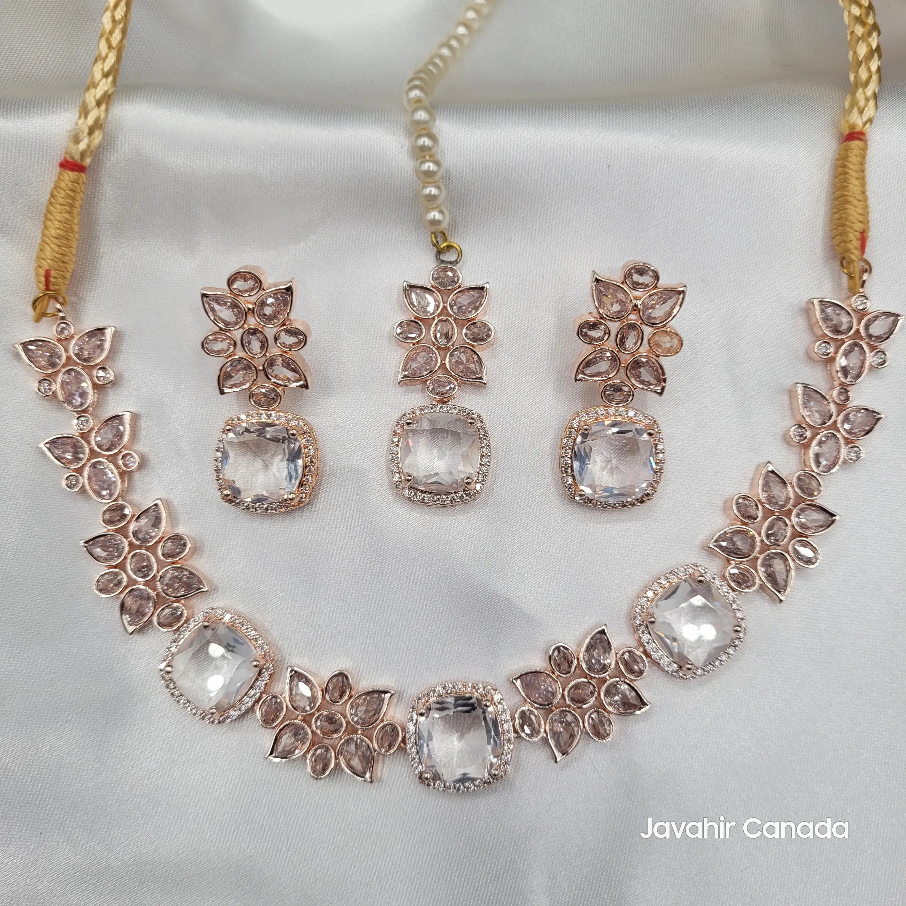 Full JV153 necklace set in rose gold finish with clear zircon stones, including floral motif choker, matching earrings, and pearl beaded tikka.
