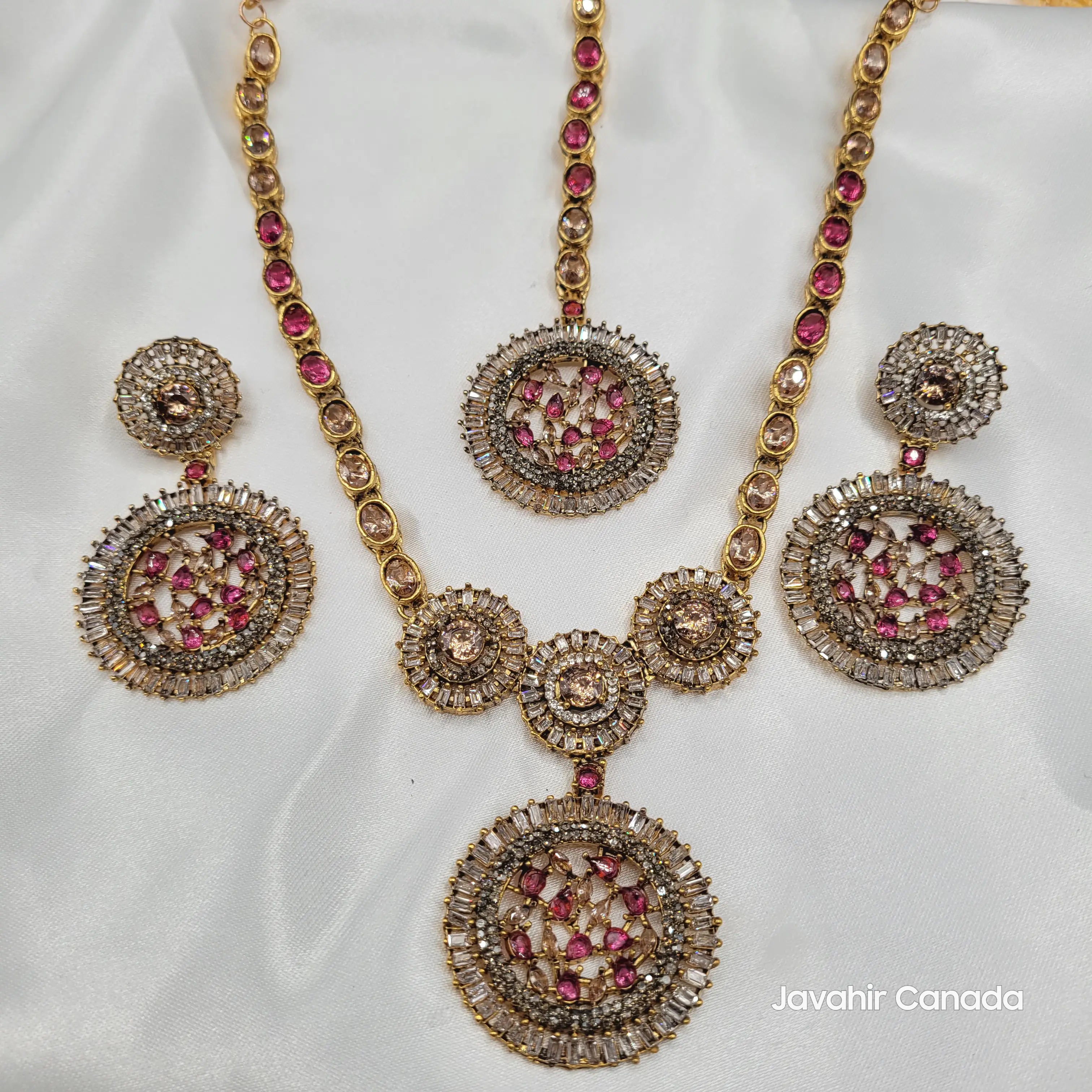 Full JV16 necklace set in pink variant with pink CZ and American diamond accents