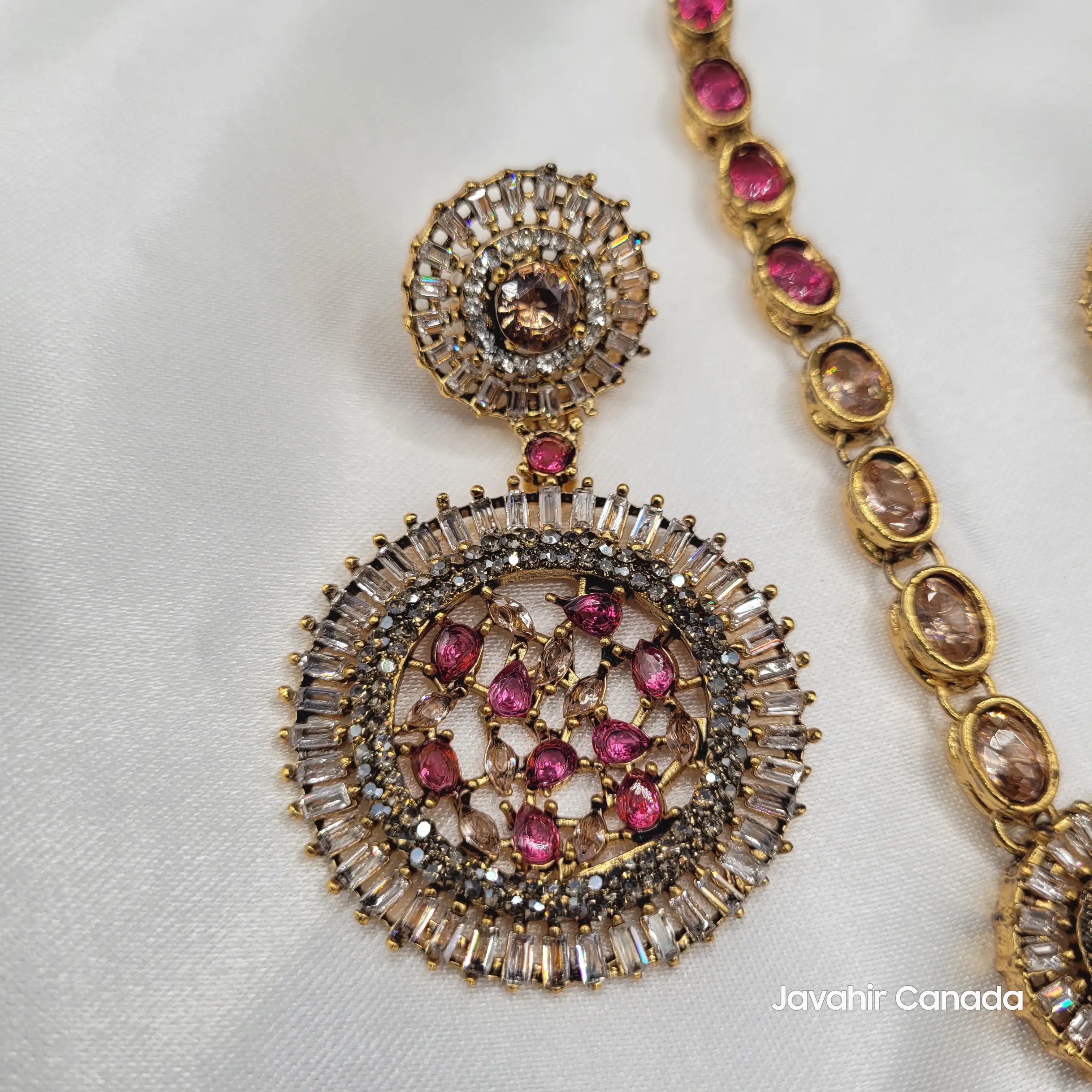 Earring close-up from JV16 pink variant featuring layered sparkle and pink gems