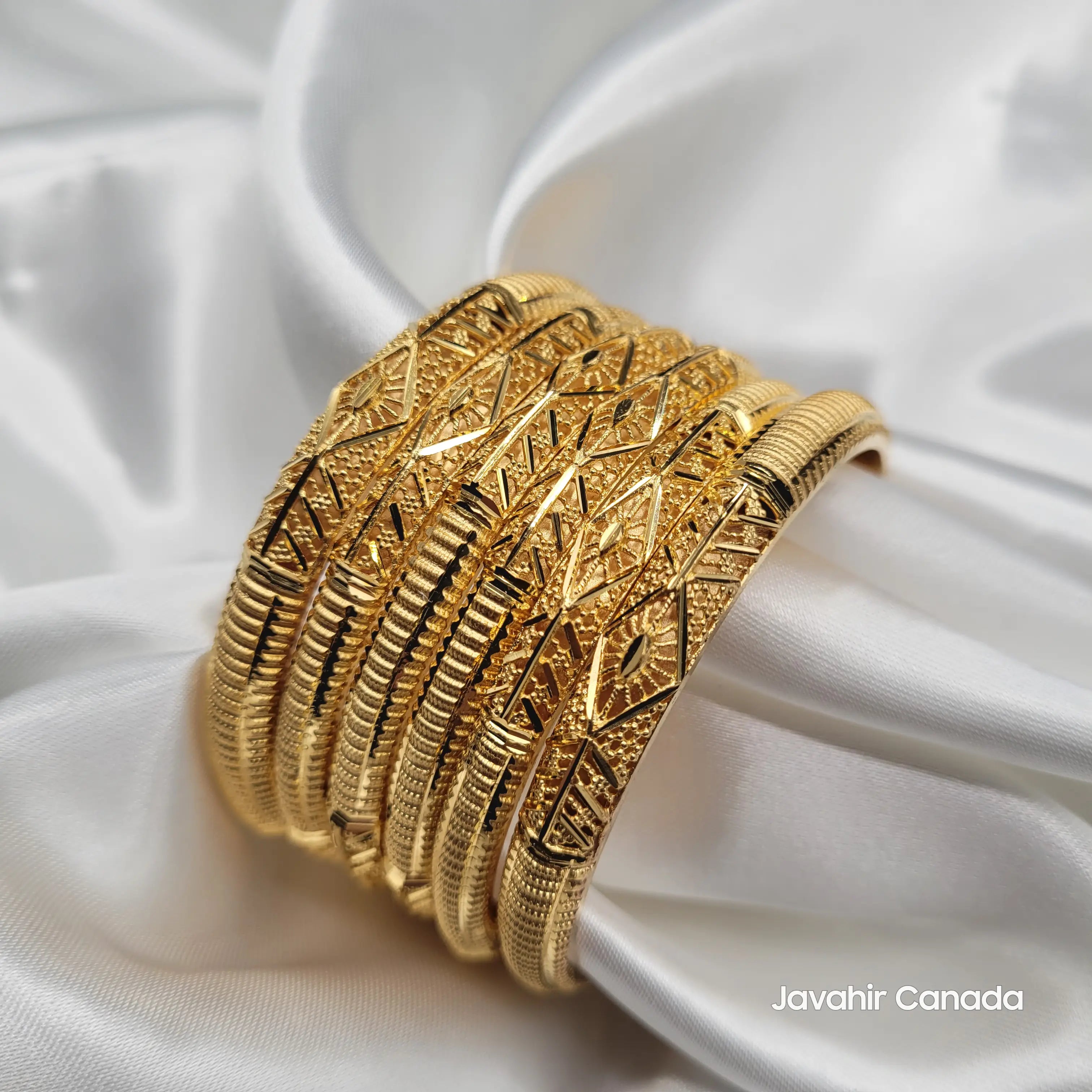 Close-up of textured 22K gold plated bangles – JV3036