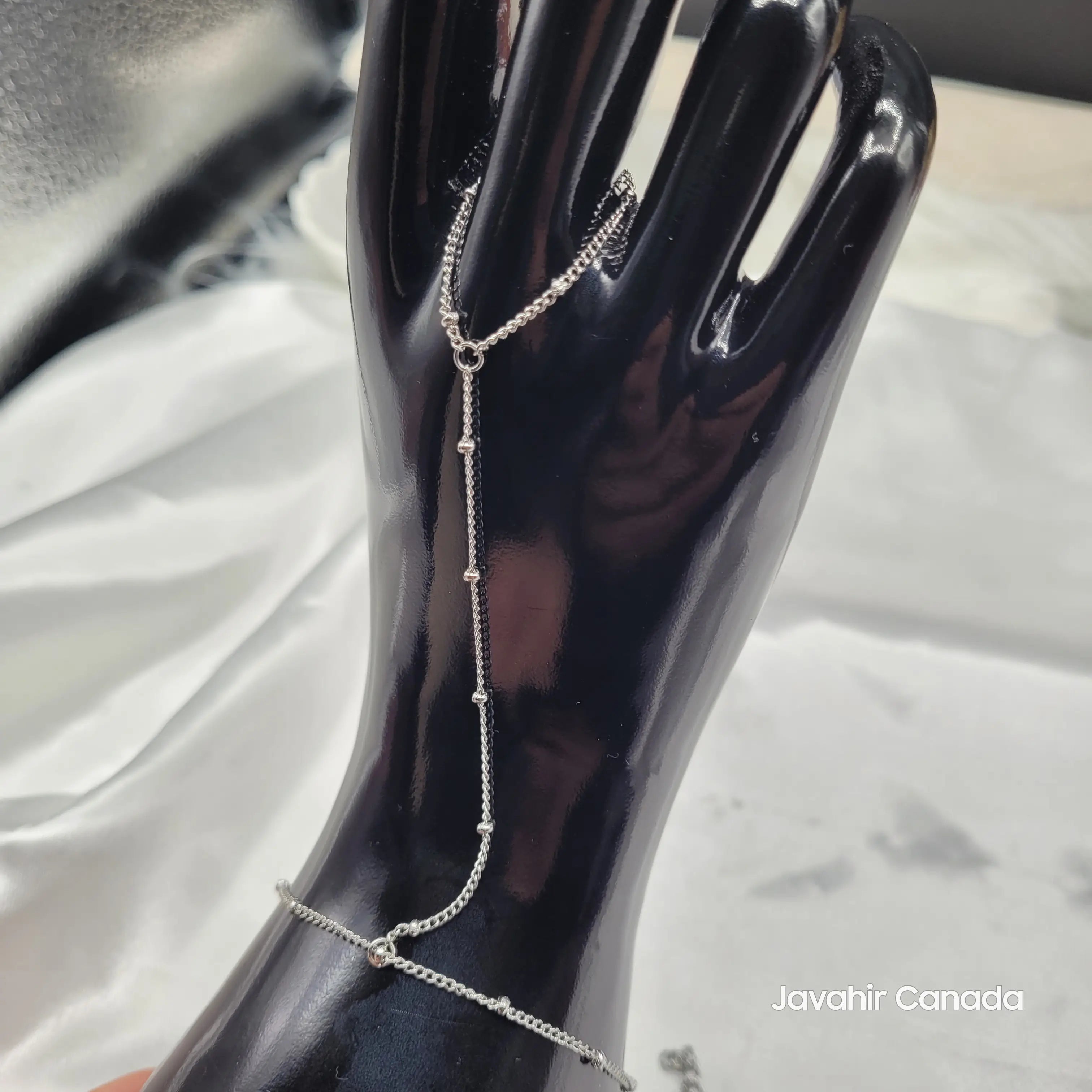 JV4026 silver hand harness with finger chain and bead details – top view