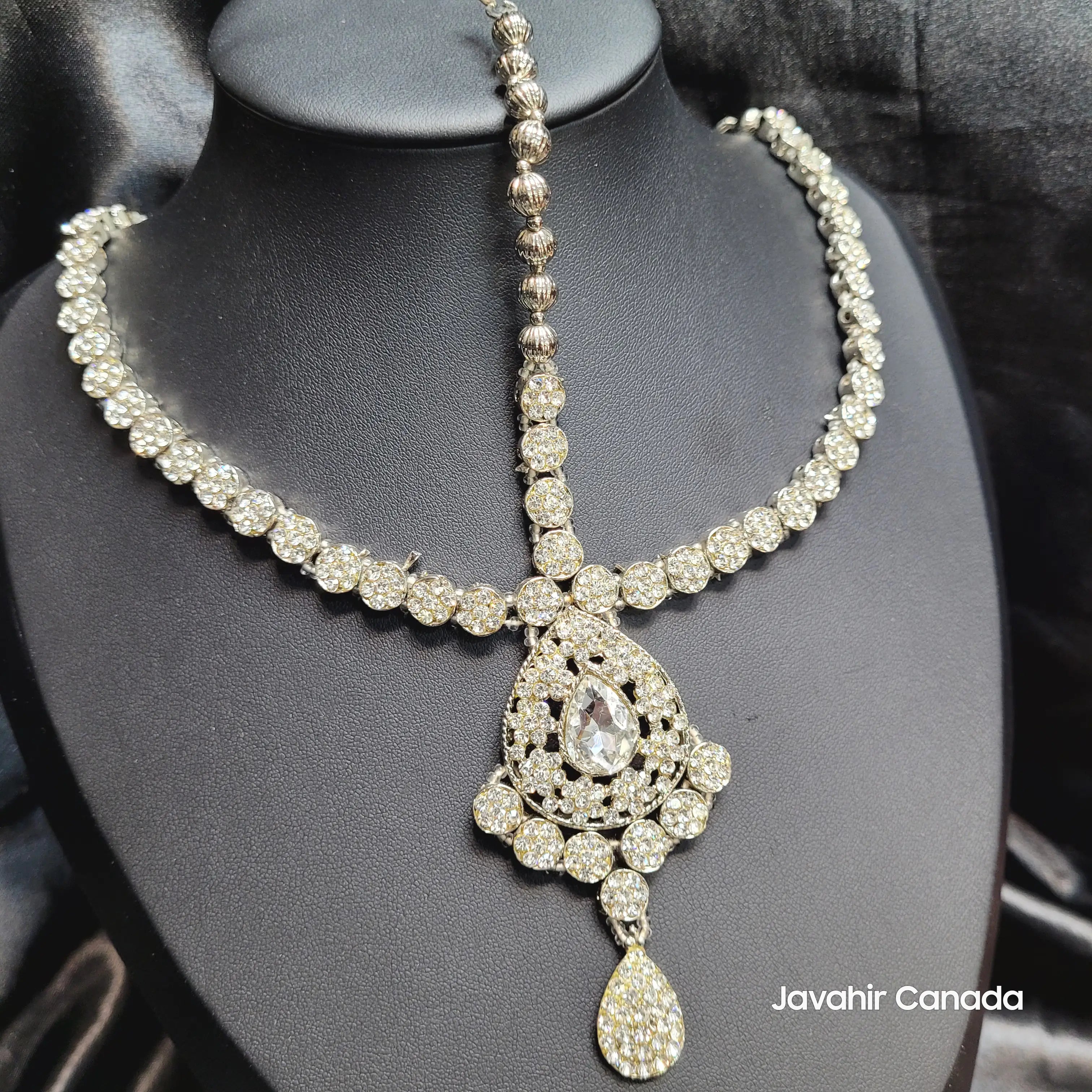 JV5118 Silver Maatha Patti with Full Pavé Stones and Teardrop Pendant