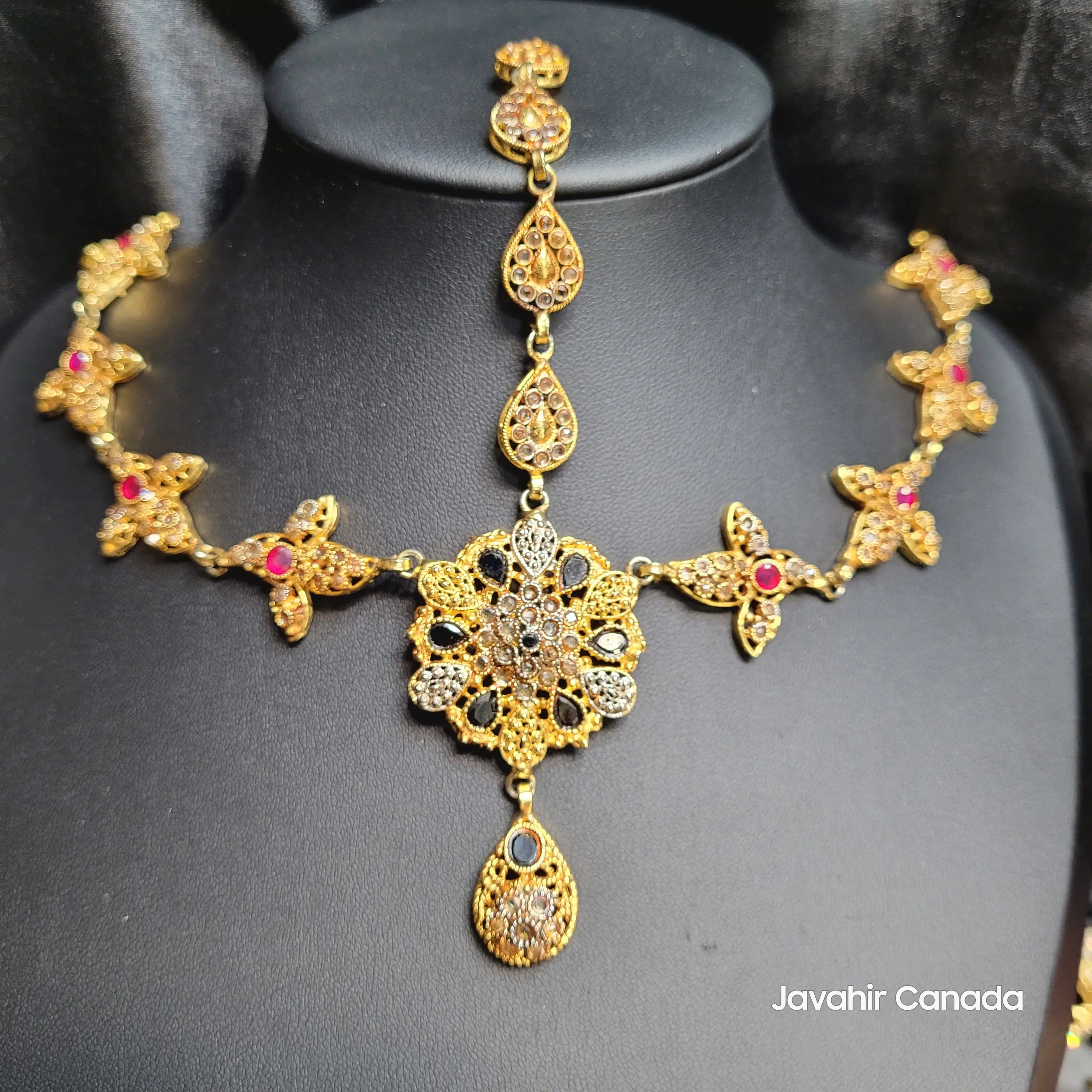 JV5122 Antique Gold Maatha Patti with Ruby and Black Stones – Full View