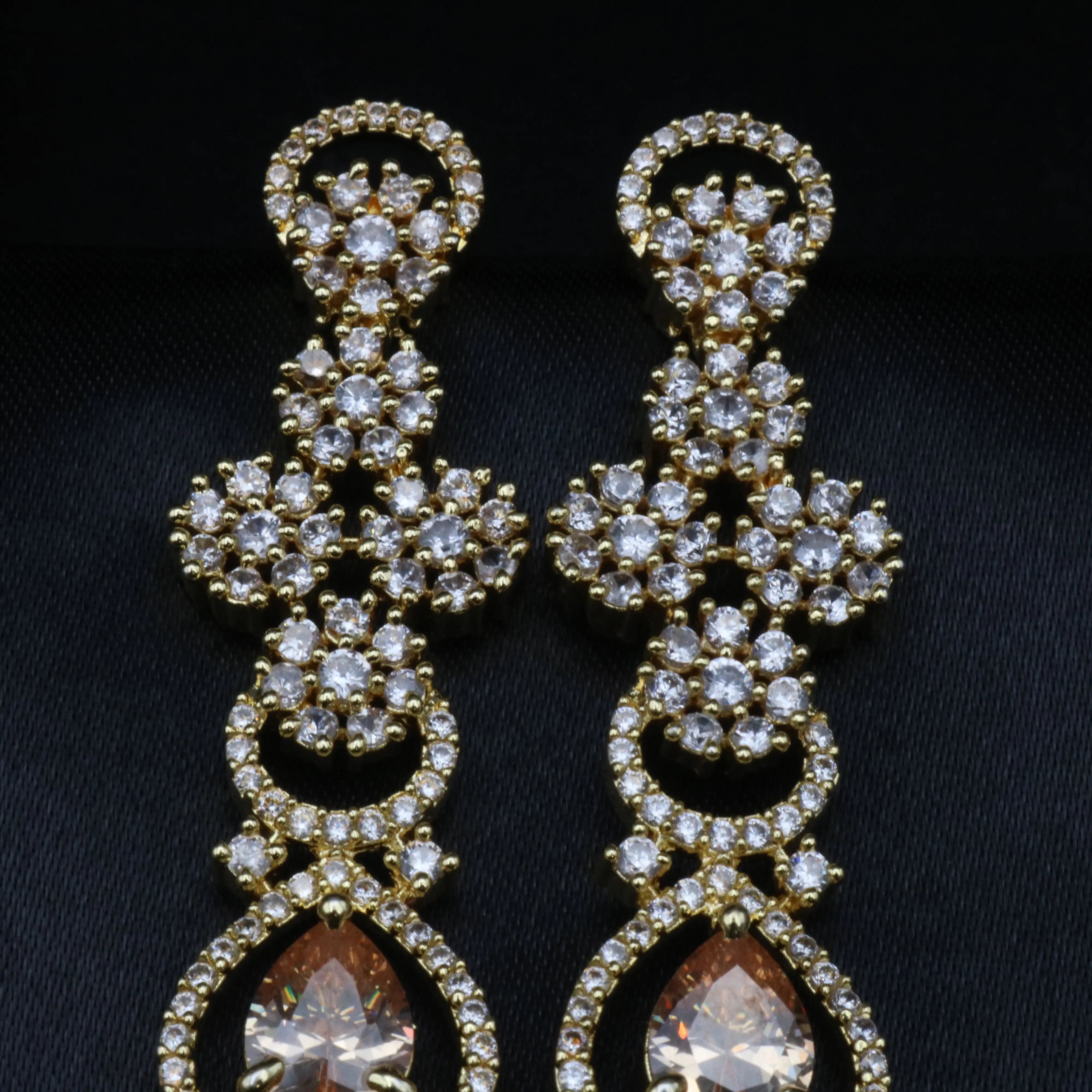 Detailed view of American diamond floral cluster at the top of Luxurious earrings