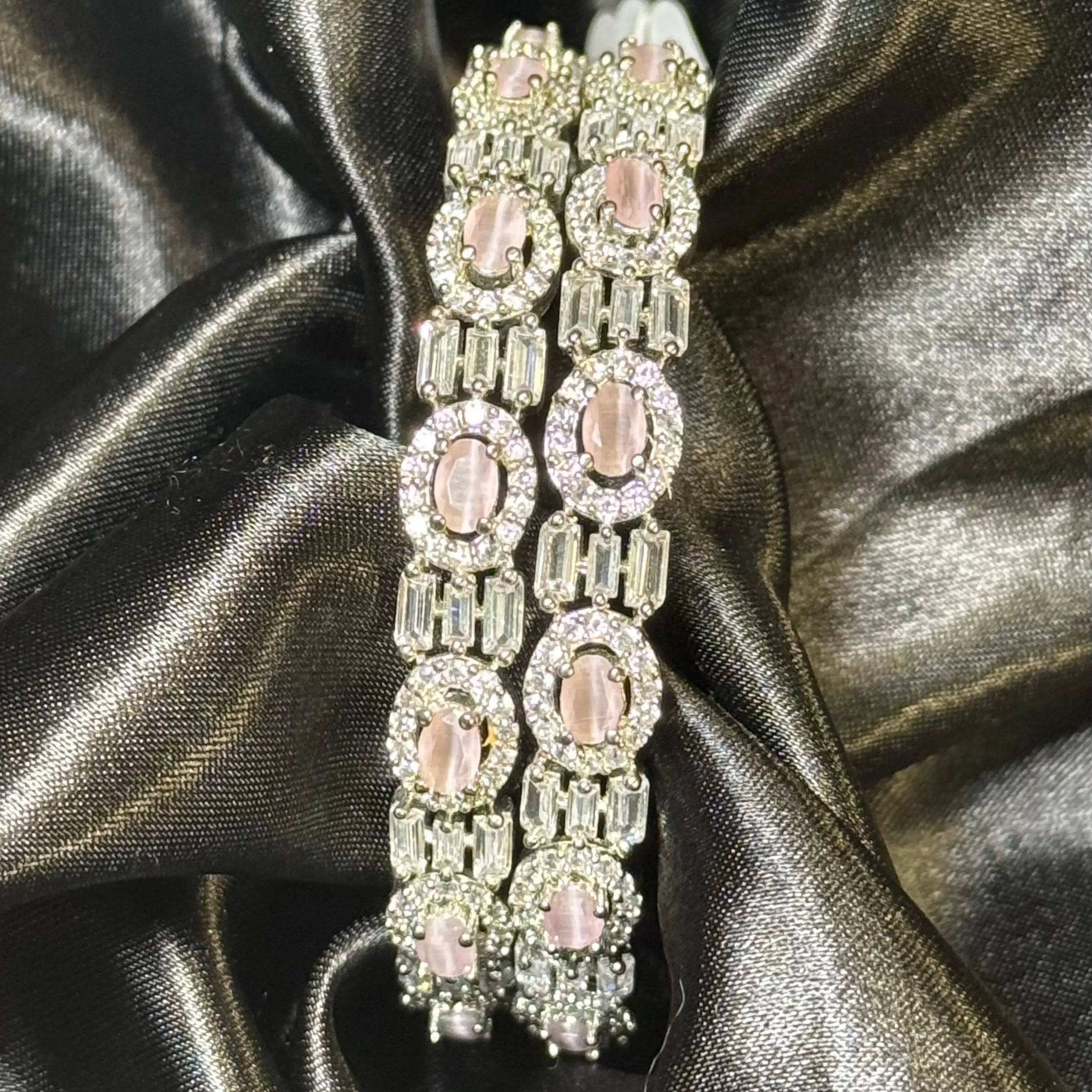 Pakistani silver-toned bangles with baby pink gemstone design