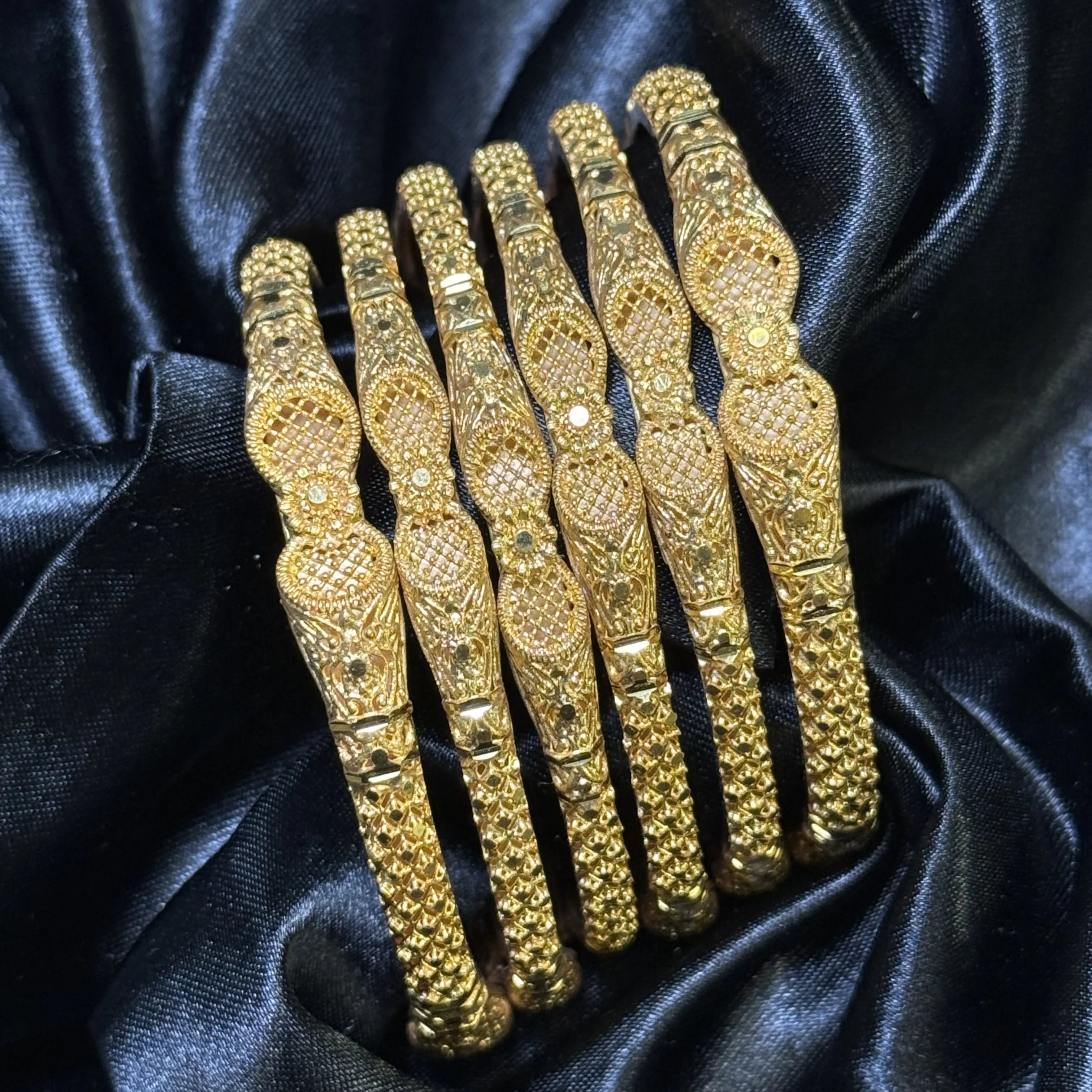 22K gold-plated Pakistani bridal bangles set of 6 on black silk