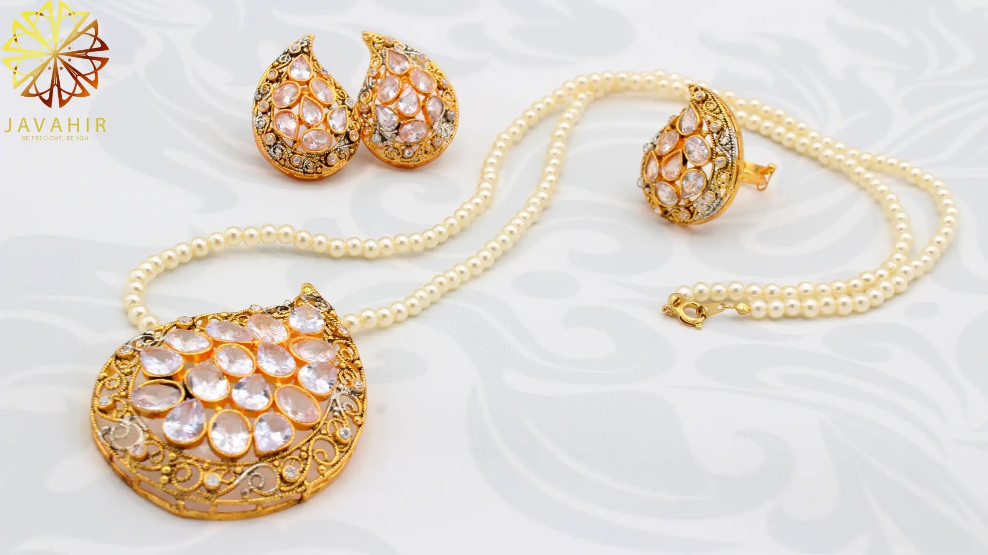 White CZ variant of the Teardrop Mala Necklace Set with pearl necklace and intricately designed teardrop jewelry
