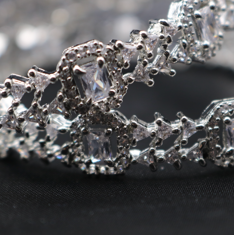 A closer of a pair of stainless steel bangles adorned with sparkling American diamonds.