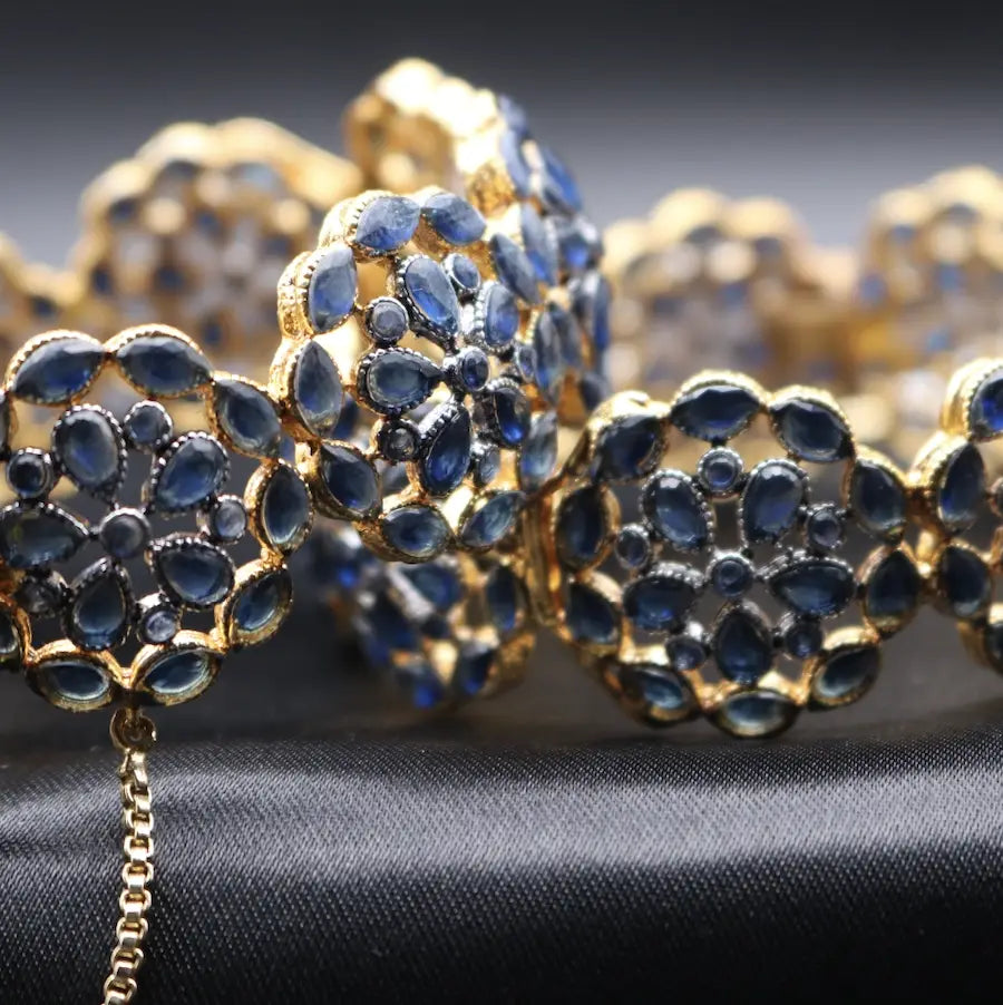 Hinged Pakistani blue bangles with safety chain – close-up