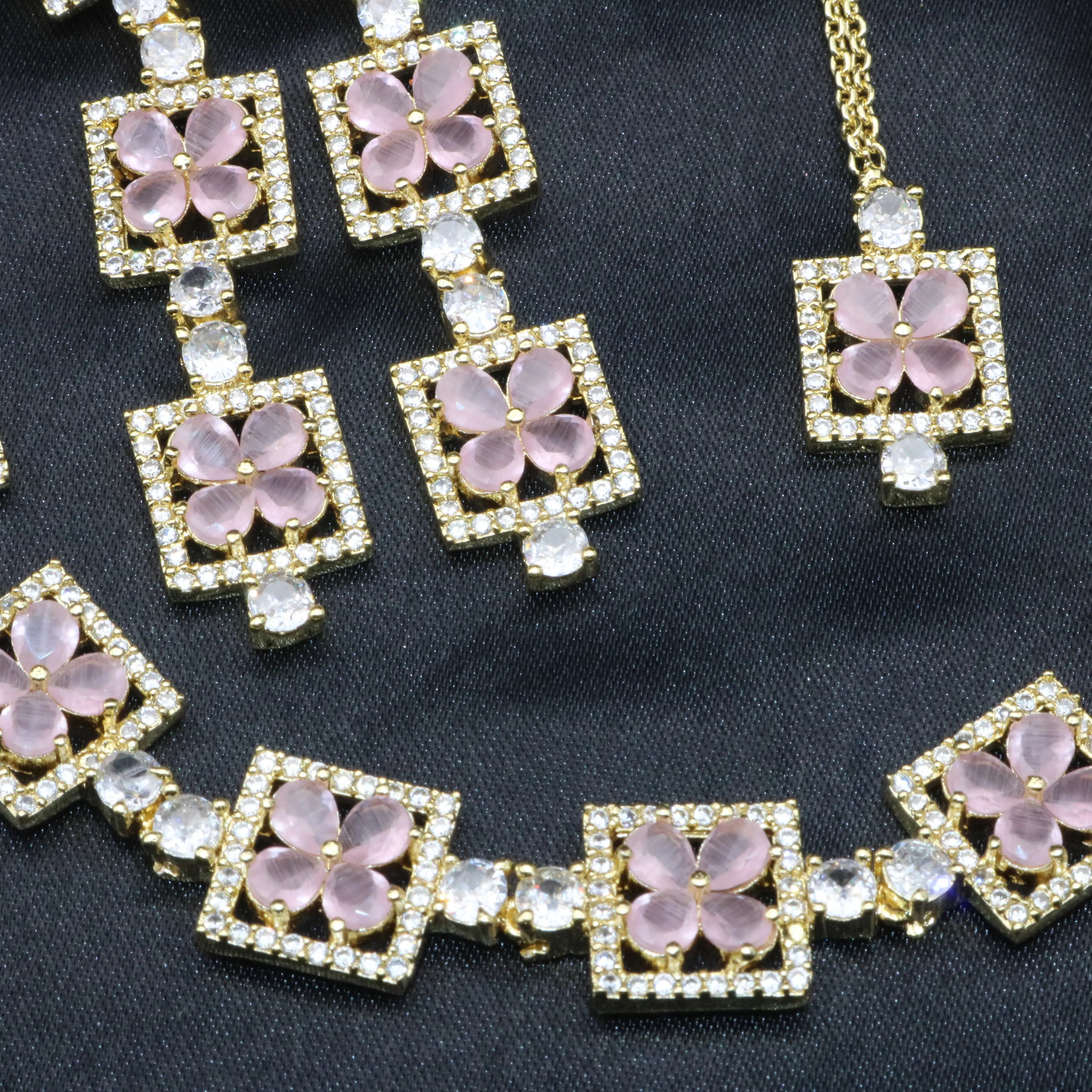 Close-up of Fleur rose pink necklace set with floral gemstone details in gold finish.