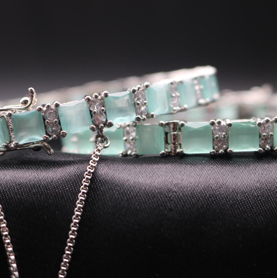 Gemstone – Teal Mint Openable Bangles with Chain Accent