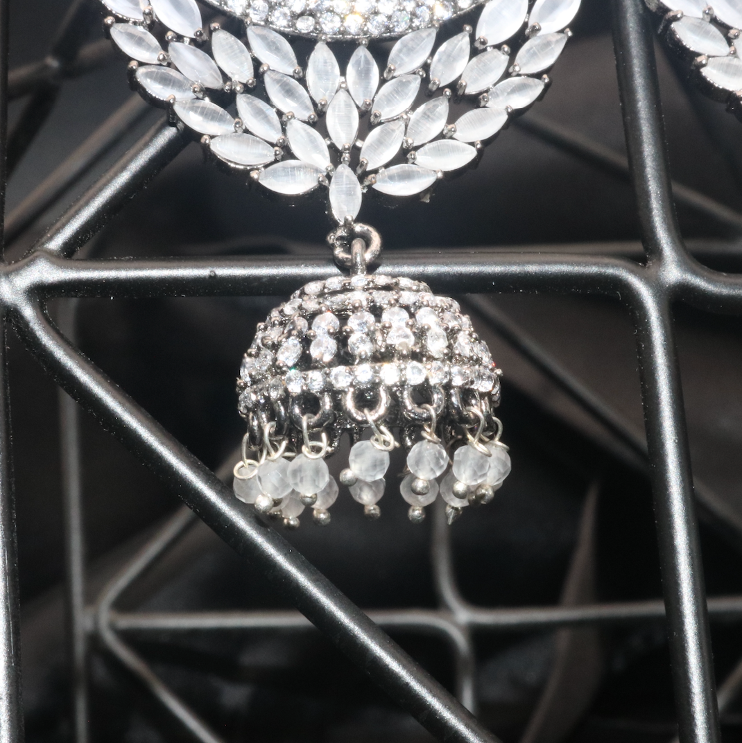  bottom view American Diamond and stainless steel, GRIFFIN boasts a stunning jhumka detail earring in grey gemstones