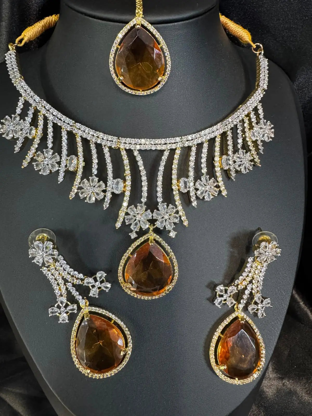 Full JV159 jewelry set including necklace, long earrings, and maang tikka with gold and CZ details.