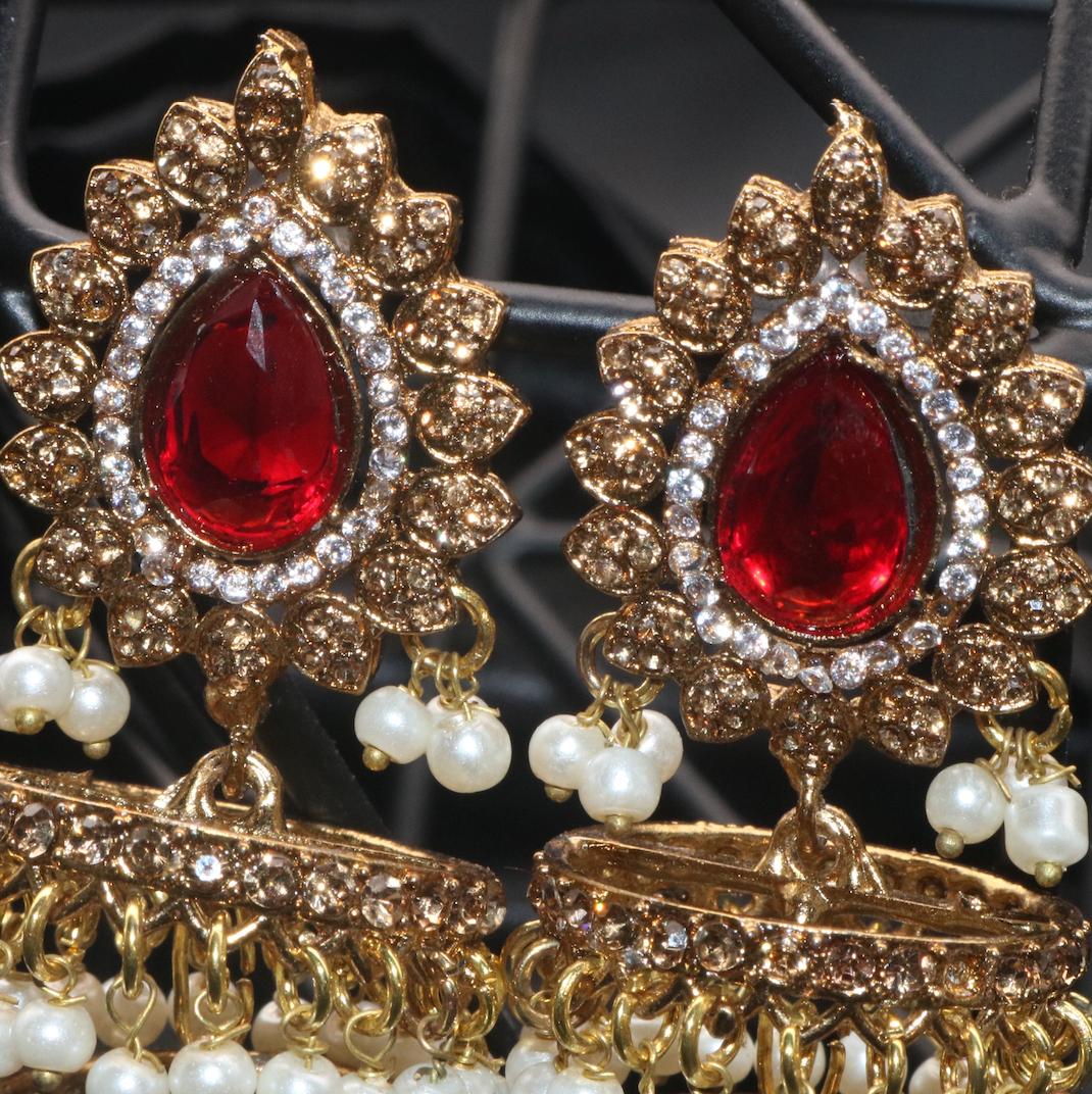 Kundan jhumkay with red gemstones